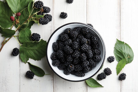 Bowl of fresh ripe blackberries on textured stone background